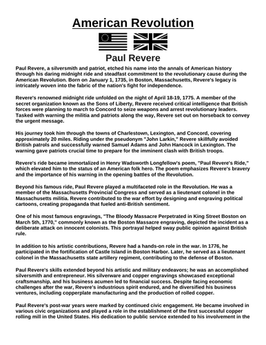 American Revolution: Paul Revere “Article & Questions” Assignment