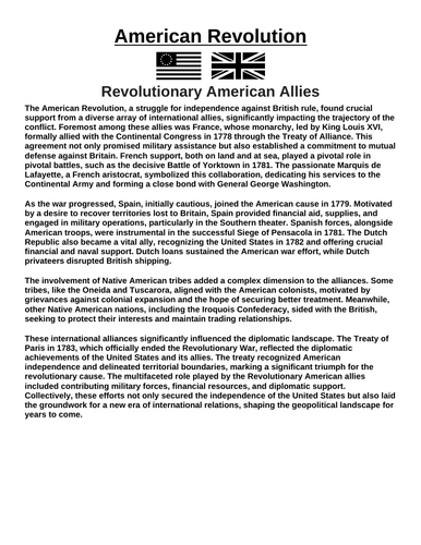 American Revolution: American Allies “Article & Questions” Assignment