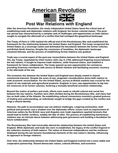 American Revolution: Post War Relations with England  “Article & Questions” Assignment