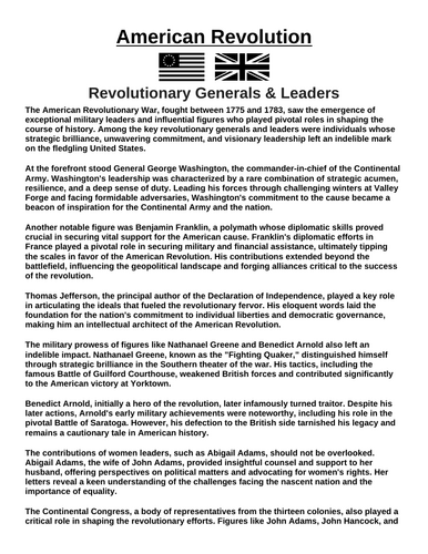 American Revolution: Generals & Leaders “Article & Questions” Assignment