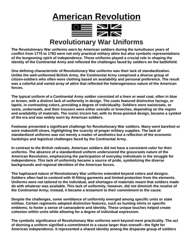 American Revolution: Uniforms “Article & Questions” Assignment
