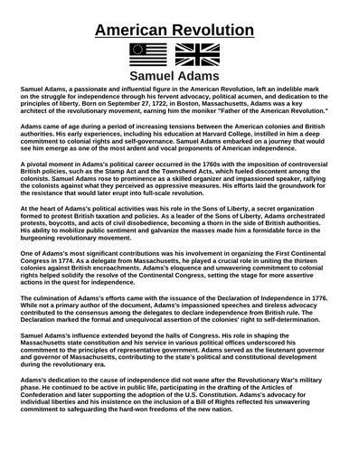 American Revolution: Samuel Adams “Article & Questions” Assignment