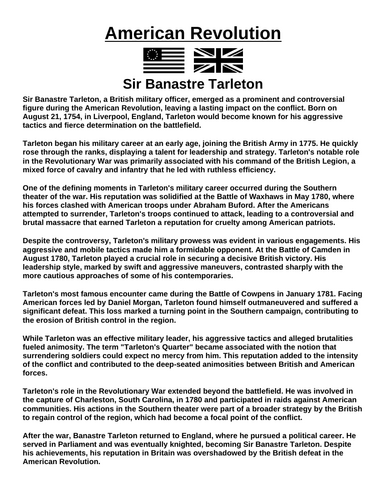 American Revolution: Sir Banastre Tarleton “Article & Questions” Assignment