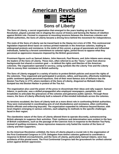 American Revolution: Sons of Liberty “Article & Questions” Assignment