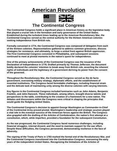 American Revolution: The Continental Congress “Article & Questions” Assignment