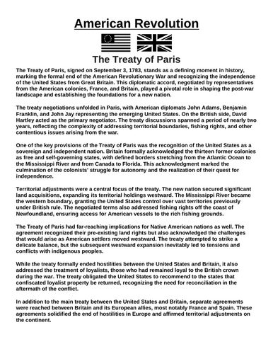 American Revolution: The Treaty of Paris “Article & Questions” Assignment