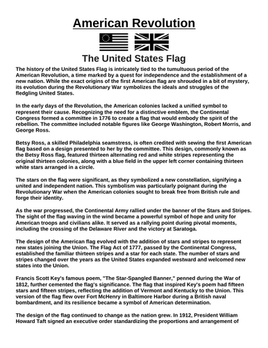 American Revolution: The United States Flag “Article & Questions” Assignment