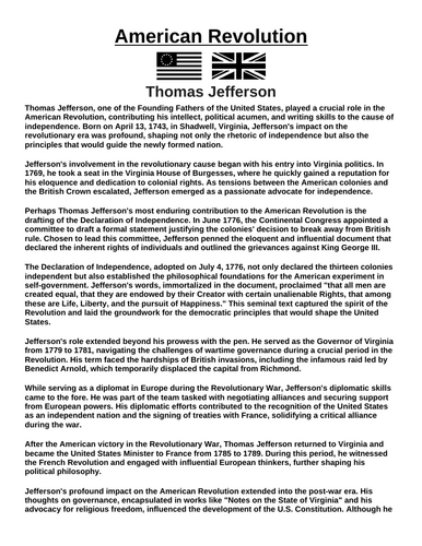 American Revolution: Thomas Jefferson “Article & Questions” Assignment
