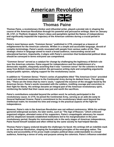 American Revolution: Thomas Paine “Article & Questions” Assignment