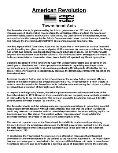 American Revolution: Townshend Acts “Article & Questions” Assignment