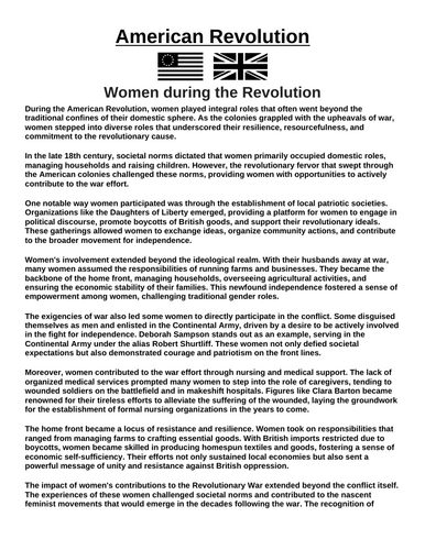 American Revolution: Women during the Revolution “Article & Questions” Assignment