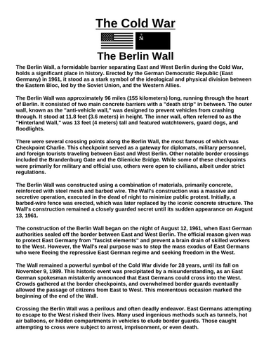 Cold War: The Berlin Wall “Article & Questions” Assignment