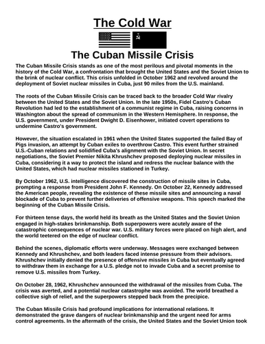 Cold War: The Cuban Missile Crisis “Article & Questions” Assignment