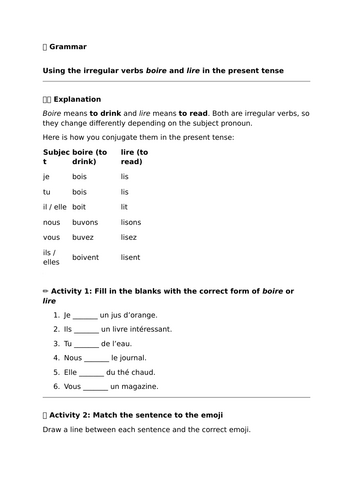 Pearson Edexcel/AQA GCSE French (Higher)-Module 1 - Tu as une vie active? - Grammar - Boire and Lire