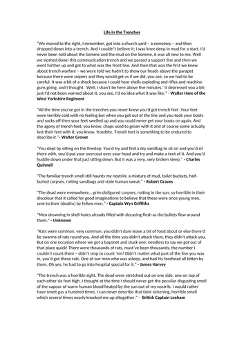 World War 1 - Life in the Trenches Worksheet