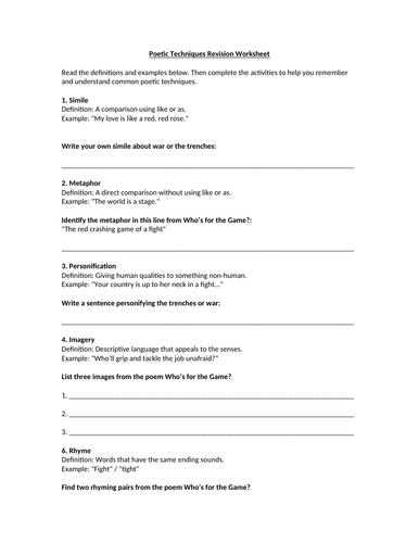 Who's for the game? - Poetic Techniques Revision Worksheet