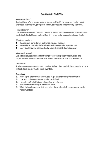 World War 1 - Gas Attacks Worksheet