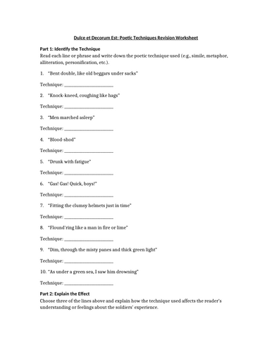 Dulce et Decorum Est - Poetic Techniques Revision Worksheet