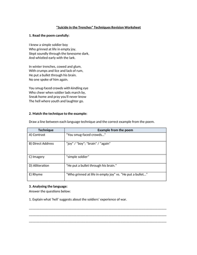 Suicide in the Trenches - Poetic Techniques Revision Worksheet