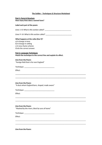 The Soldier - Poetic Techniques Revision Worksheet