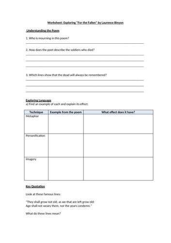 Worksheet: Exploring For the Fallen by Laurence Binyon