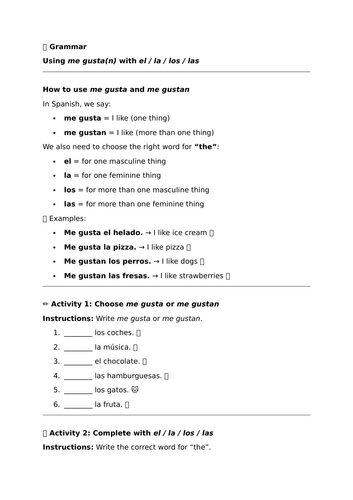Me gusta(n) with el / la / los / las