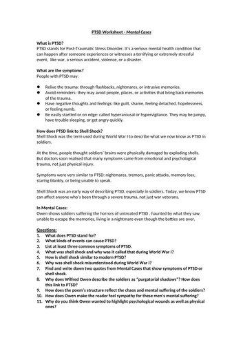 PTSD Worksheet - Mental Cases by Wilfred Owen