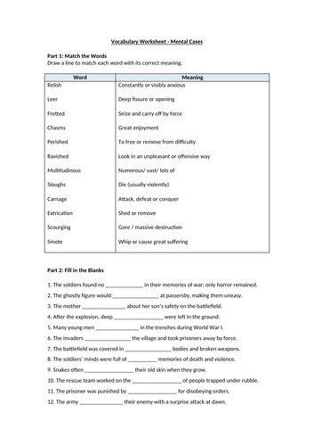 Vocabulary Worksheet - Mental Cases by Wilfred Owen