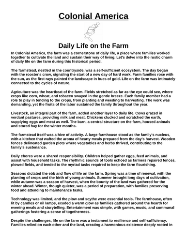 Colonial America: Daily Life on the Farm “Article & Questions” Assignment