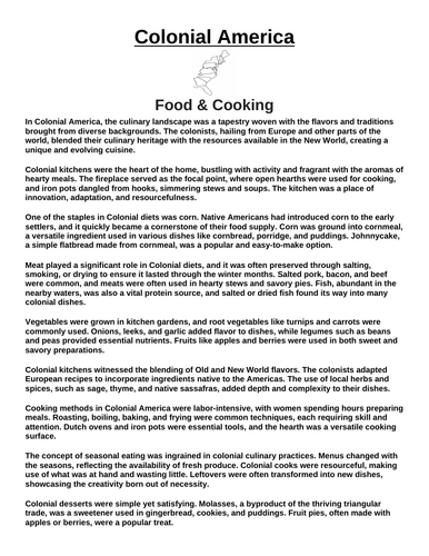 Colonial America: Food & Cooking “Article & Questions” Assignment