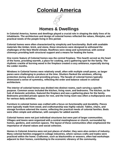 Colonial America: Homes & Dwellings “Article & Questions” Assignment