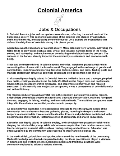Colonial America: Jobs & Occupations “Article & Questions” Assignment