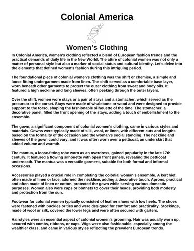 Colonial America: Women’s Clothing “Article & Questions” Assignment