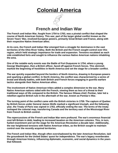 Colonial America: French and Indian War “Article & Questions” Assignment