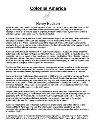 Colonial America: Henry Hudson “Article & Questions” Assignment
