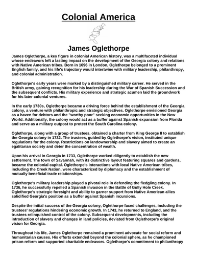 Colonial America: James Oglethorpe “Article & Questions” Assignment