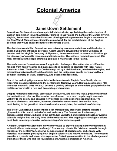 Colonial America: Jamestown Settlement “Article & Questions” Assignment