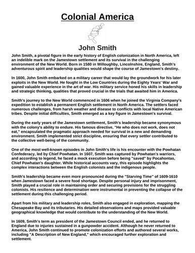 Colonial America: John Smith “Article & Questions” Assignment