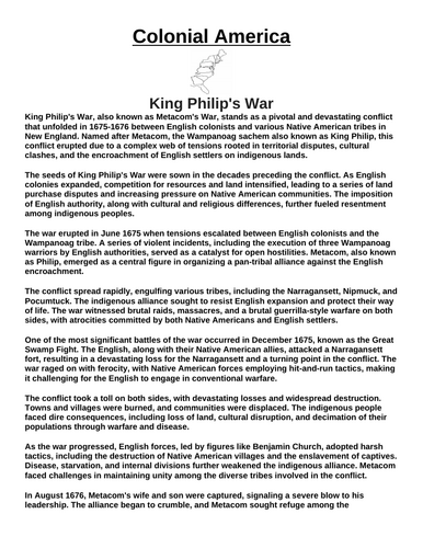 Colonial America: King Philip's War “Article & Questions” Assignment