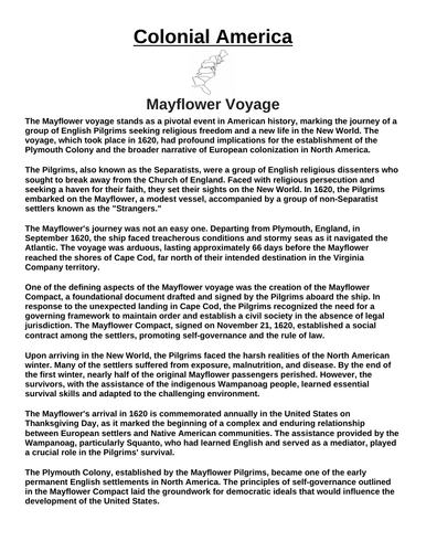 Colonial America: Mayflower Voyage “Article & Questions” Assignment