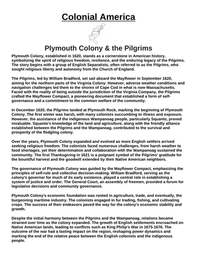 Colonial America: Plymouth Colony & the Pilgrims “Article & Questions” Assignment