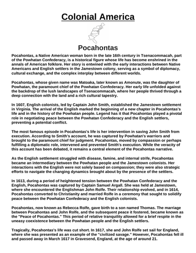 Colonial America: Pocahontas “Article & Questions” Assignment