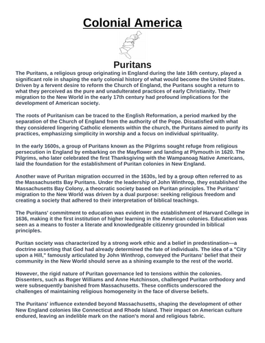Colonial America: Puritans “Article & Questions” Assignment