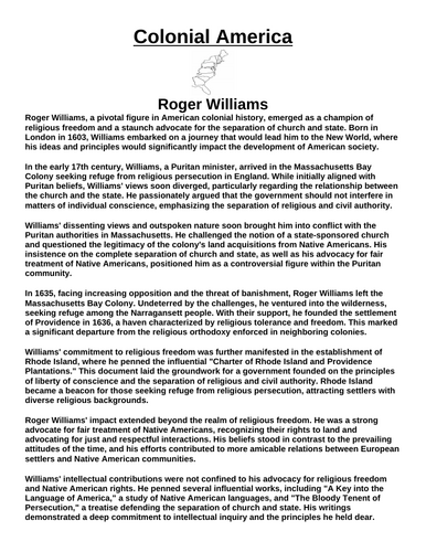 Colonial America: Roger Williams “Article & Questions” Assignment