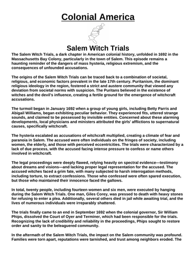 Colonial America: Salem Witch Trials “Article & Questions” Assignment