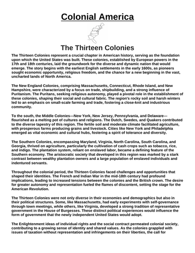 Colonial America: The Thirteen Colonies “Article & Questions” Assignment