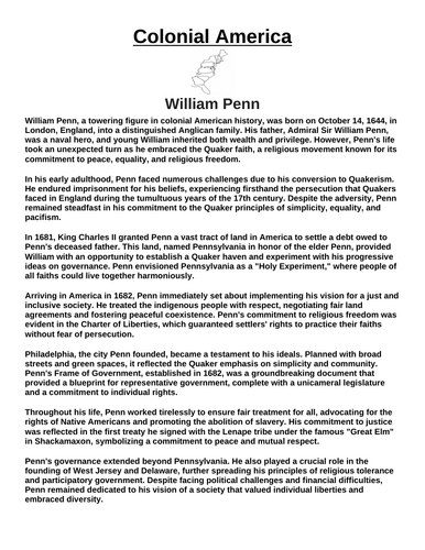 Colonial America: William Penn “Article & Questions” Assignment