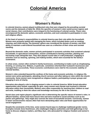 Colonial America: Women's Roles in Colonial America “Article & Questions” Assignment