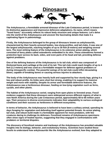 Ankylosaurus “Article & Questions” Assignment