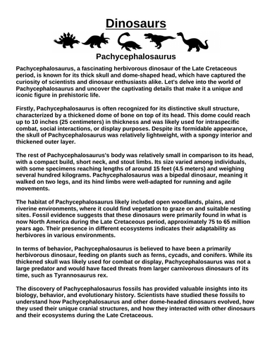 Pachycephalosaurus “Article & Questions” Assignment